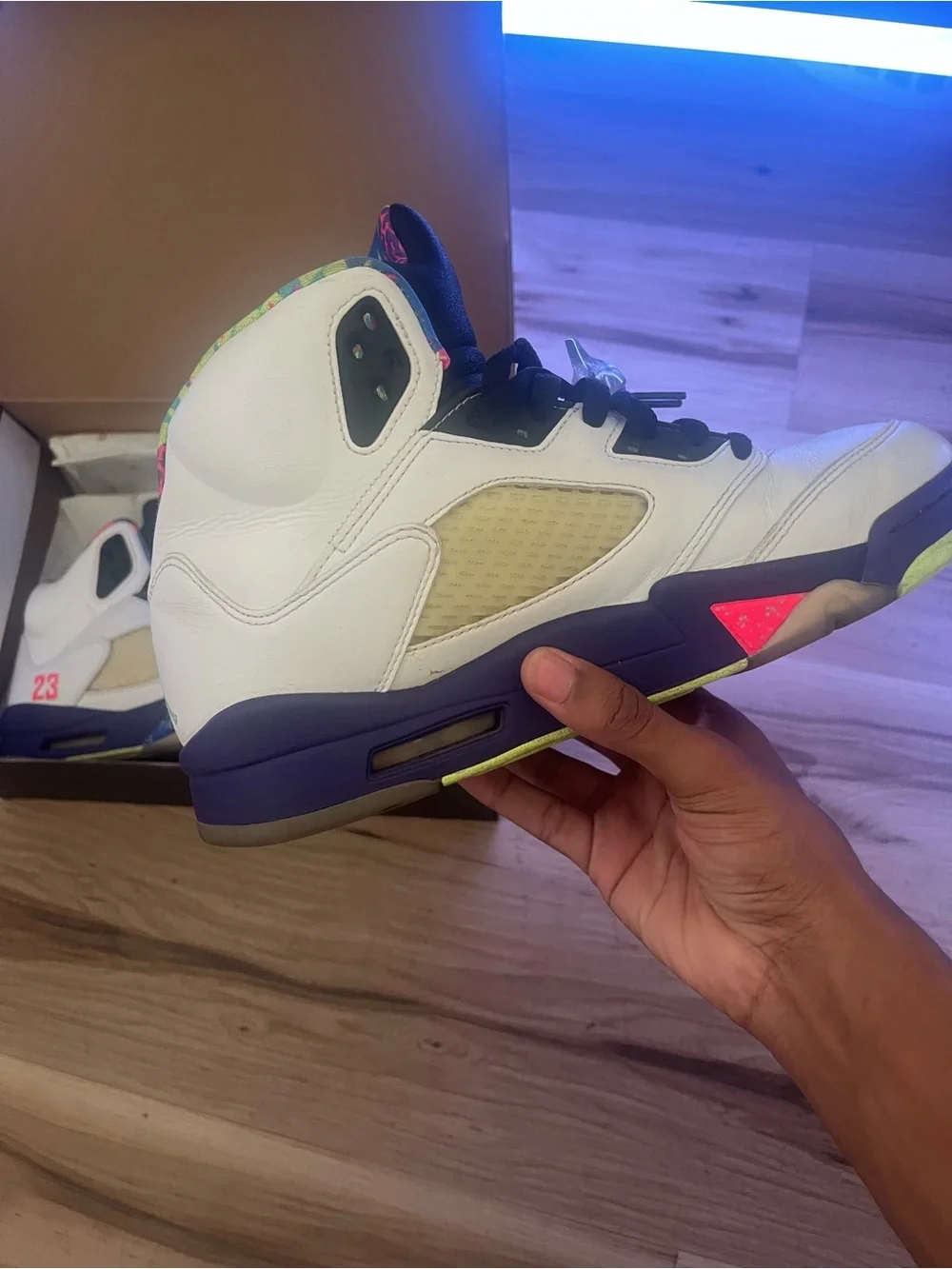 Jordan Retro 5 White with Neon Pink, Purple & Lime Accents